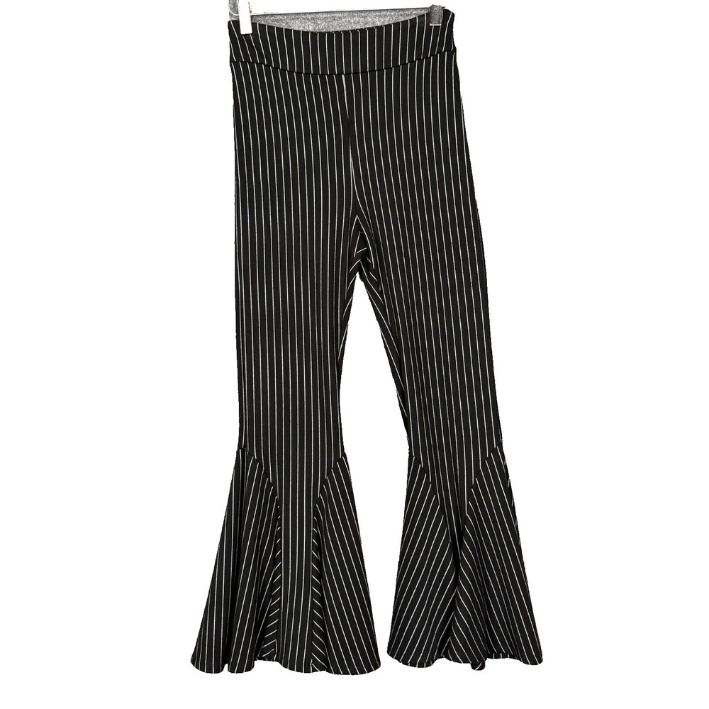 Free People Pants Womens 2 Black White Pinstripe Flare Bell Bottom Rayon Stretch